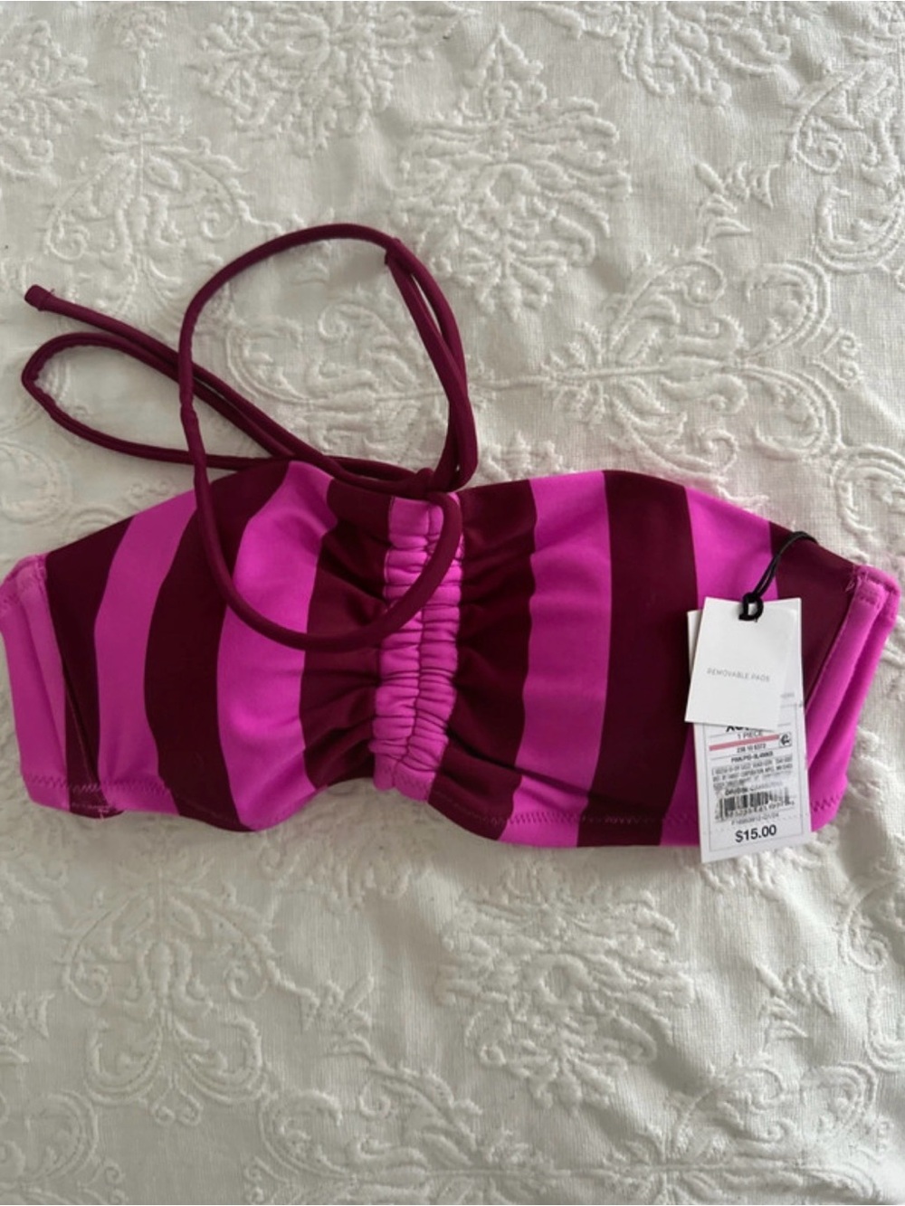 Shade & Shore Pink and Burgundy Stripe Bandeau Swim Top